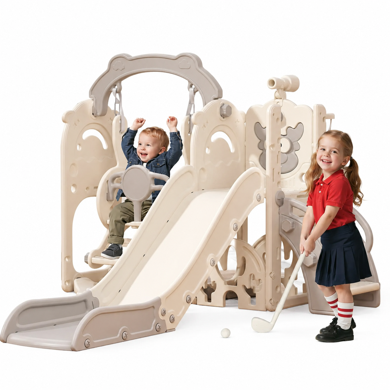 DKMOCO Toddler Slide and Swing Set, 7-in-1 Indoor Outdoor Toddler Playset with Climber, Basketball Hoop & Golf Toys, Playground for Kids Ages 1+, Cream&Gray