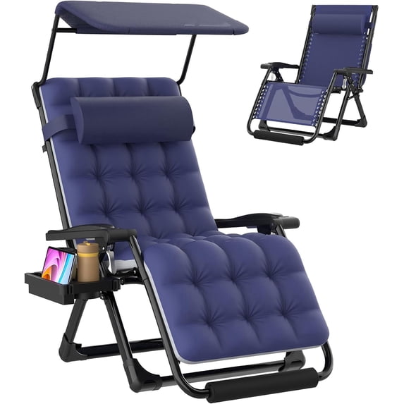 DKMOCO Zero Gravity Chair with Canopy, 29IN XL Reclining Camping Lounge Chairs w/Removable Cushion and Cup Holder, Folding Patio Recliner(Blue)