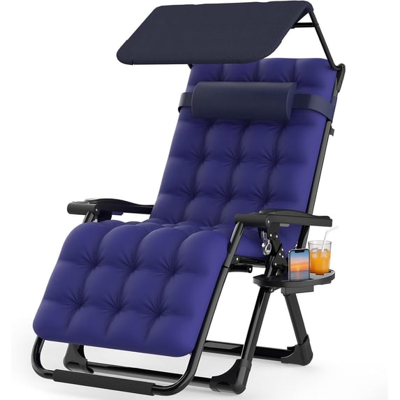 DKMOCO Zero Gravity Chair with Canopy, Reclining Camping Lounge Chairs w/Removable Cushion and Cup Holder, Folding Patio Recliner(Blue)