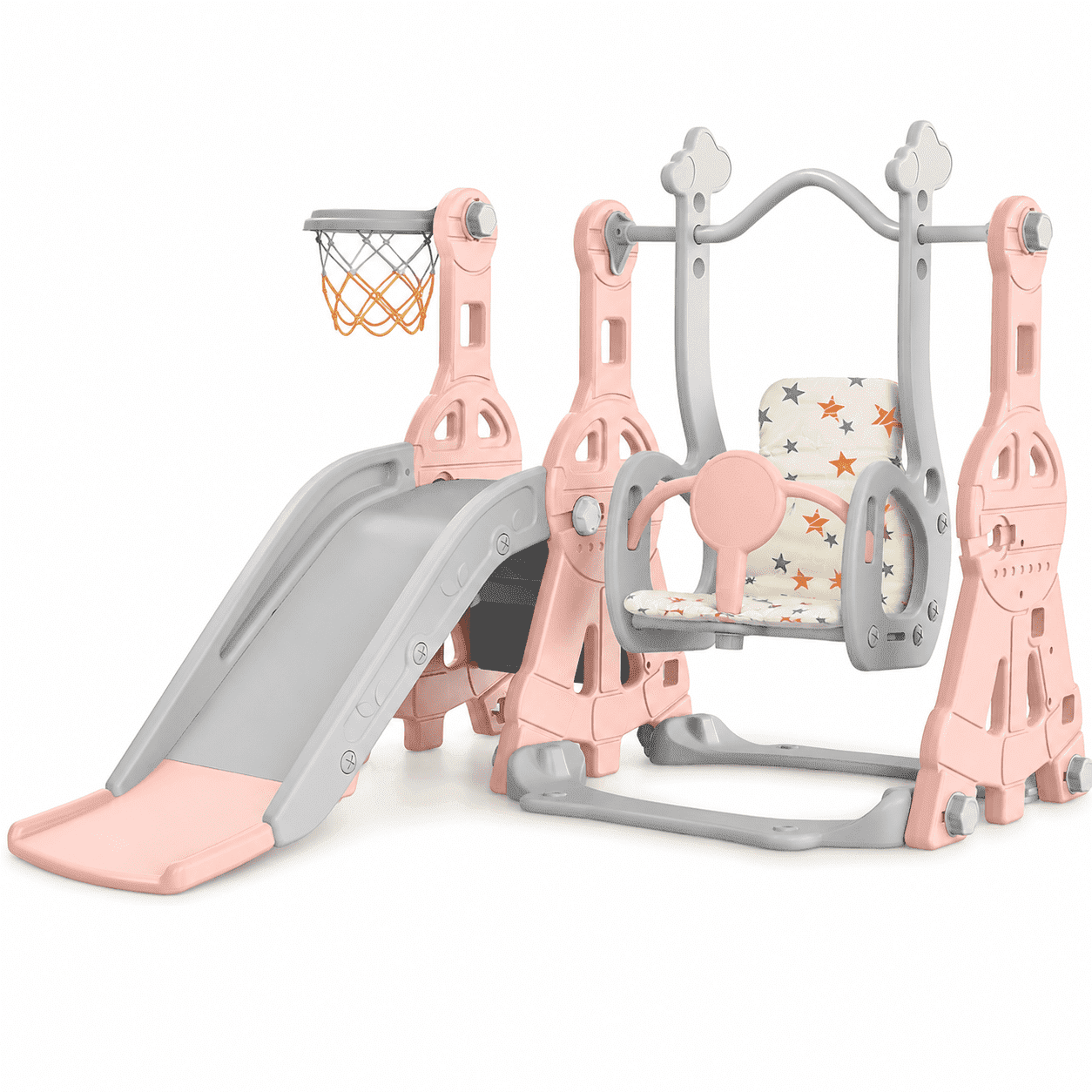 DKMOCO 4-in-1 Toddler Slide and Swing Set, Indoor Outdoor Kids Playground with Basketball Hoop, Climber Activity Playset for Toddlers Ages 1-2, Pink Gray