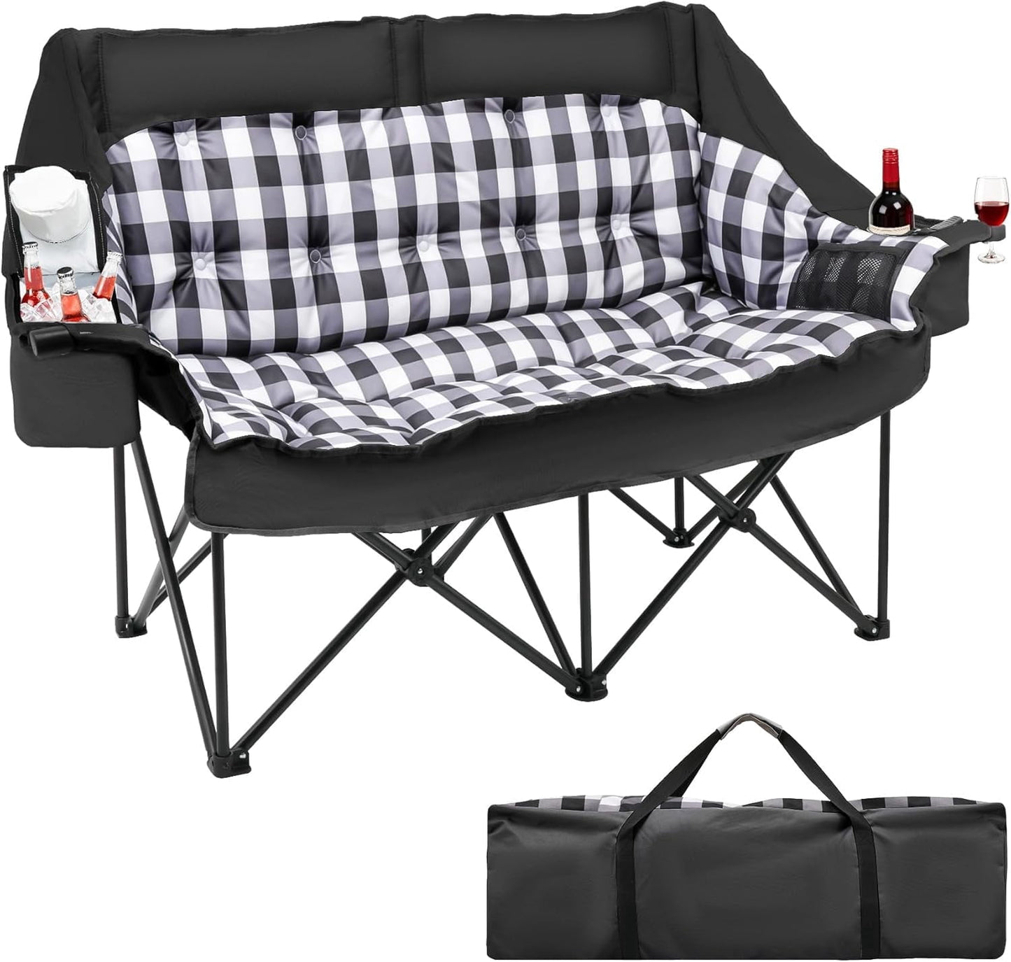 DKMOCO Double Camping Chair, 1200D Oxford Folding Camping Loveseat w/2 Cup & Wine Glass Holders, Cooler Bags & Side Pocket for Camping, Lawn, Patio, Black