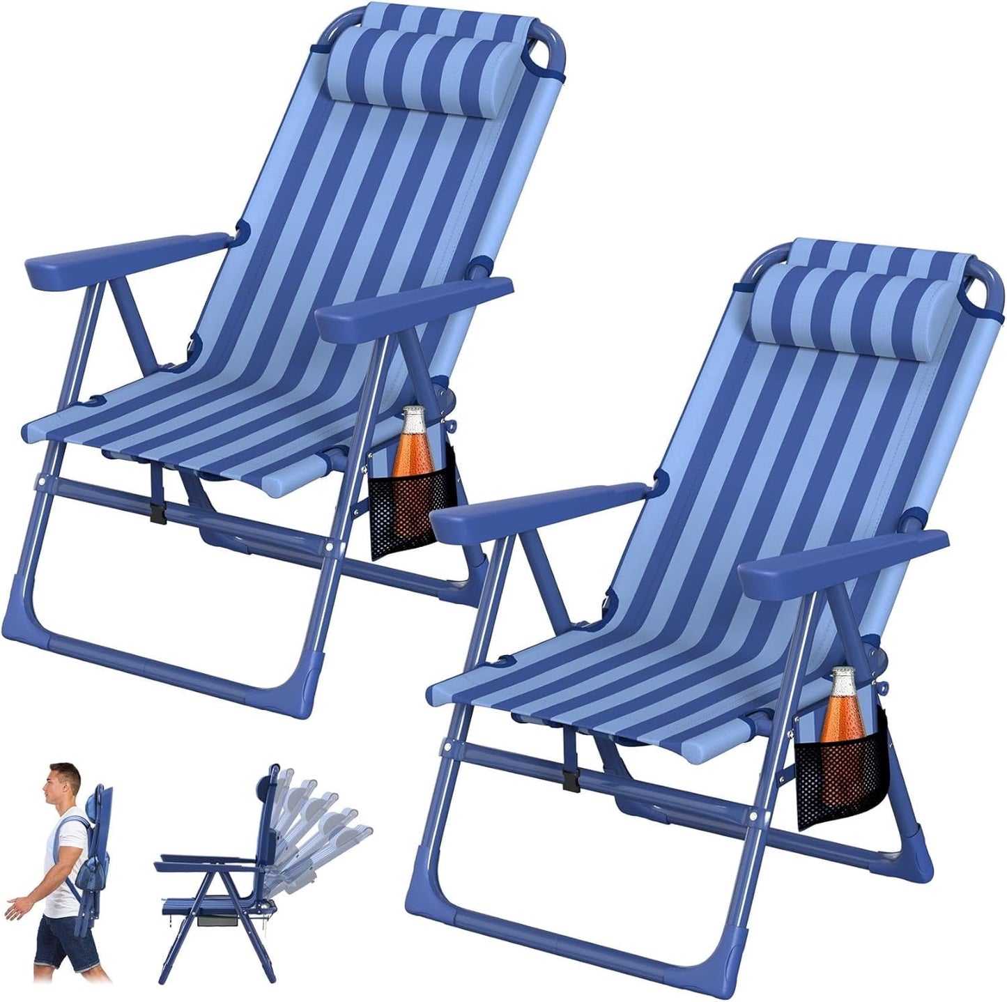 DKMOCO 2PCS Backpack Beach Chair, Folding 6-Positions Reclining Beach Chairs with Cooler Bag Cup Holder for Sand Outdoor Fishing,Striped Dark Blue