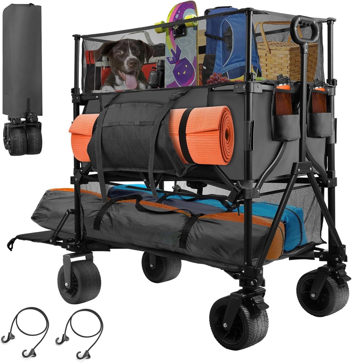 DKMOCO 550L XXL Foldable Wagons Carts, 54" Extra Length Double Deck Wagon Cart with Tailgate, 550lbs Load Utility Grocery Cart for Camping,Sports,Beach, Black