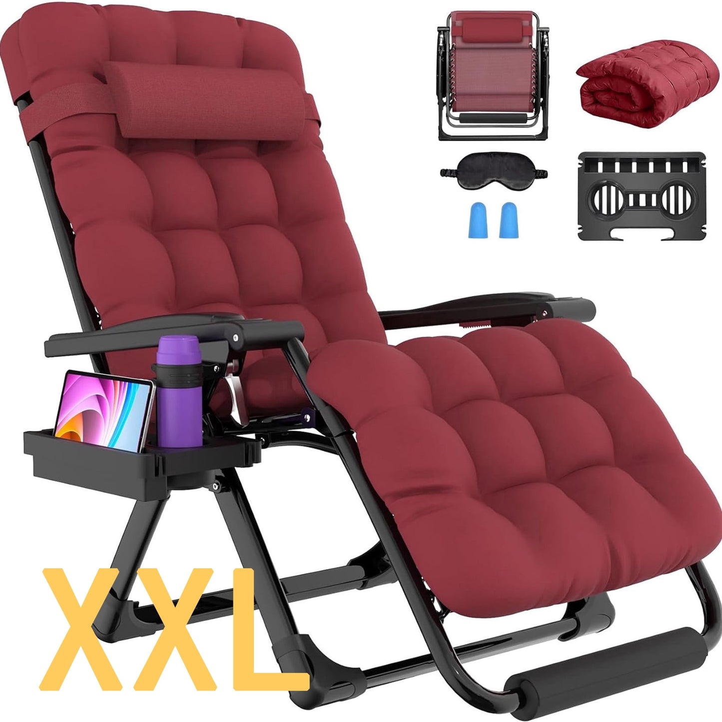 DKMOCO Oversized XXL Zero Gravity Chair, 33" Extra Wide Recline Chair w/Upgraded Lock and Wider Cup Holder, Camping Lawn Chair for Patio Outdoor Office (Red)