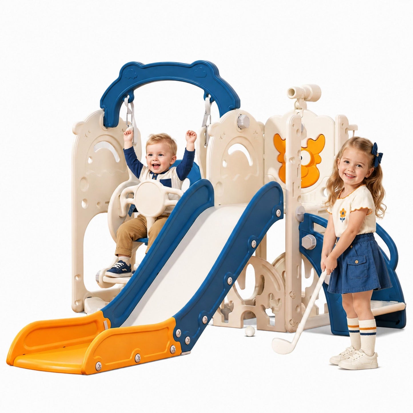 DKMOCO Toddler Slide and Swing Set, 7-in-1 Kids Playset with Climber, Basketball Hoop & Golf Toys, Indoor Outdoor Playground for Kids Ages 1+