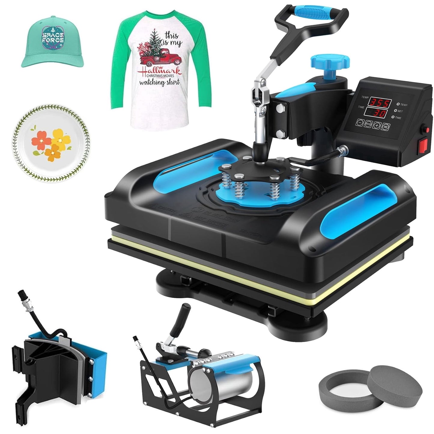DKMOCO 5 in 1 Heat Press Machine with 360Degree Swing Away, 12"x15"Digital Multifunction Heat Transfer Sublimation for T Shirts Mugs Hat Plate Cap,Black Blue