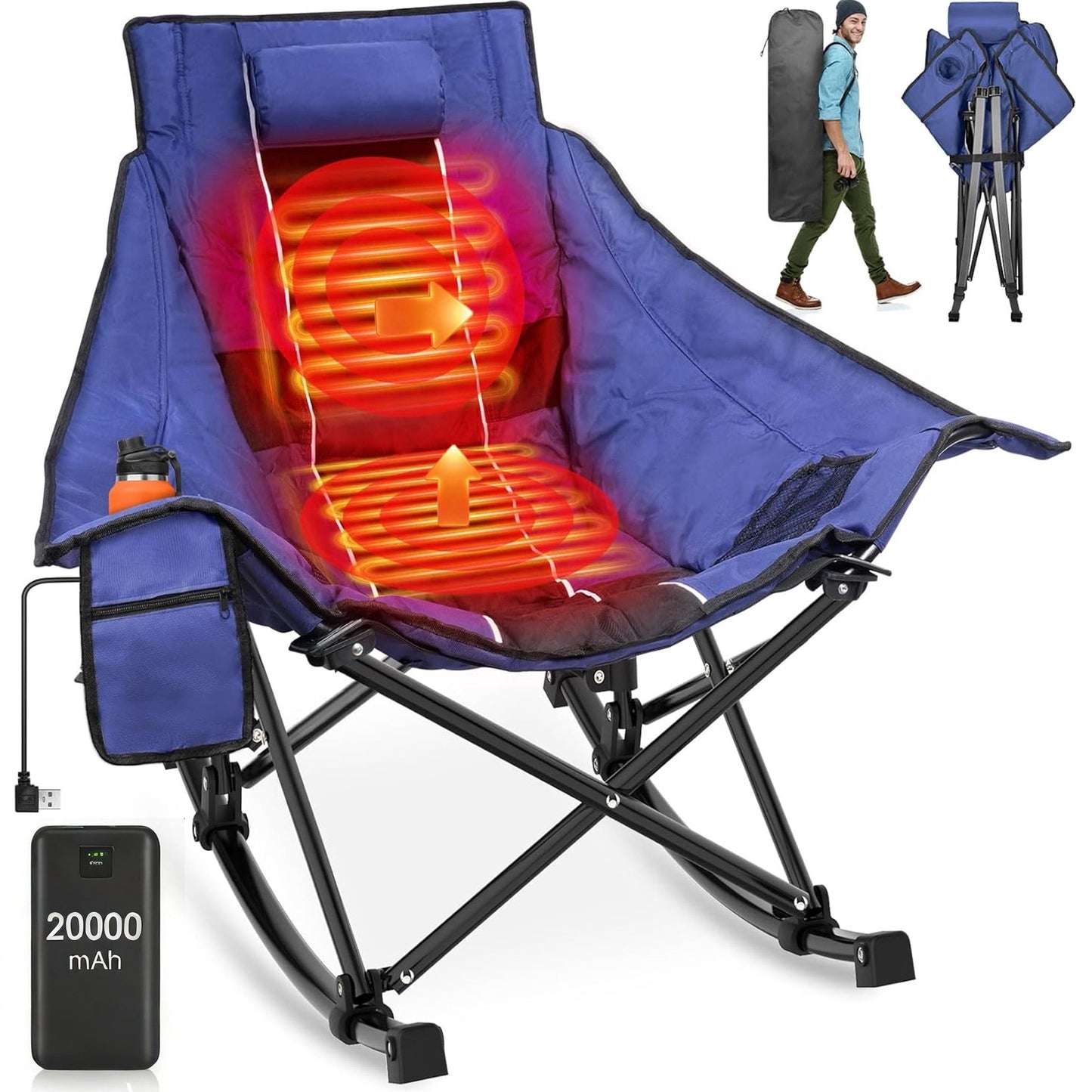DKMOCO Oversized Heated Rocking Camping Chair with 20000mAh Power Bank, Camping Chair for Winter Outdoor( Blue Black)