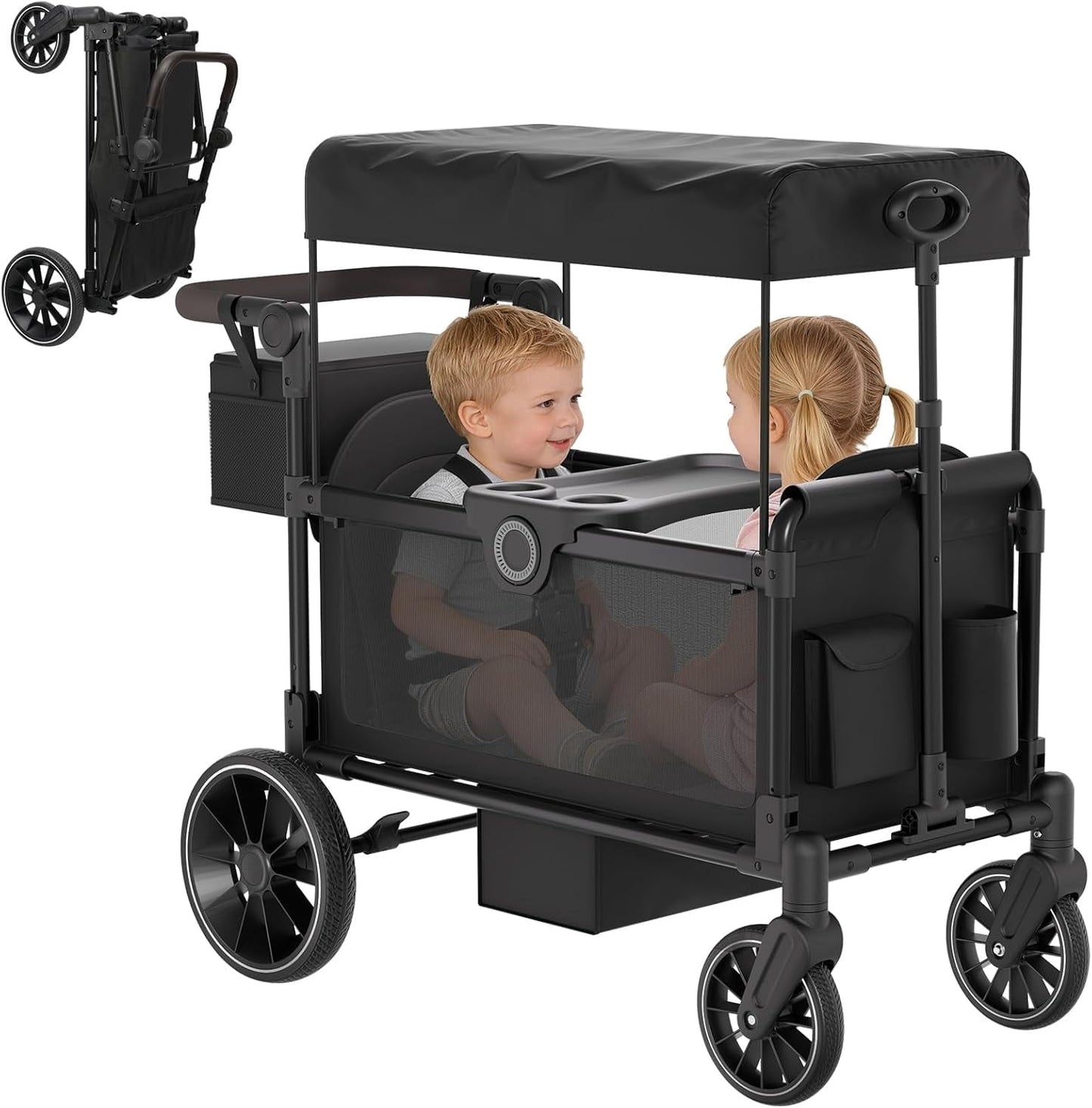 DKMOOC Wagon Stroller for 2 Kids with Removable Canopy, 5-in-1 All-Terrain Foldable Cart with Adjustable Push/Pull Handle, Organizer for Beach, Camping, Black