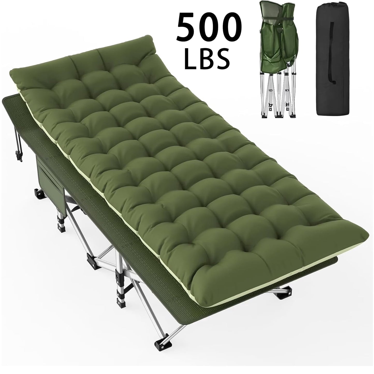 DKMOCO XL Folding Camping Cot with Mattress for Adults,28" x 75" 500lbs Capacity Portable Bed with Carry Bag, for Office Home Nap, Outdoor,Camping(Green Cot+Green Pad)