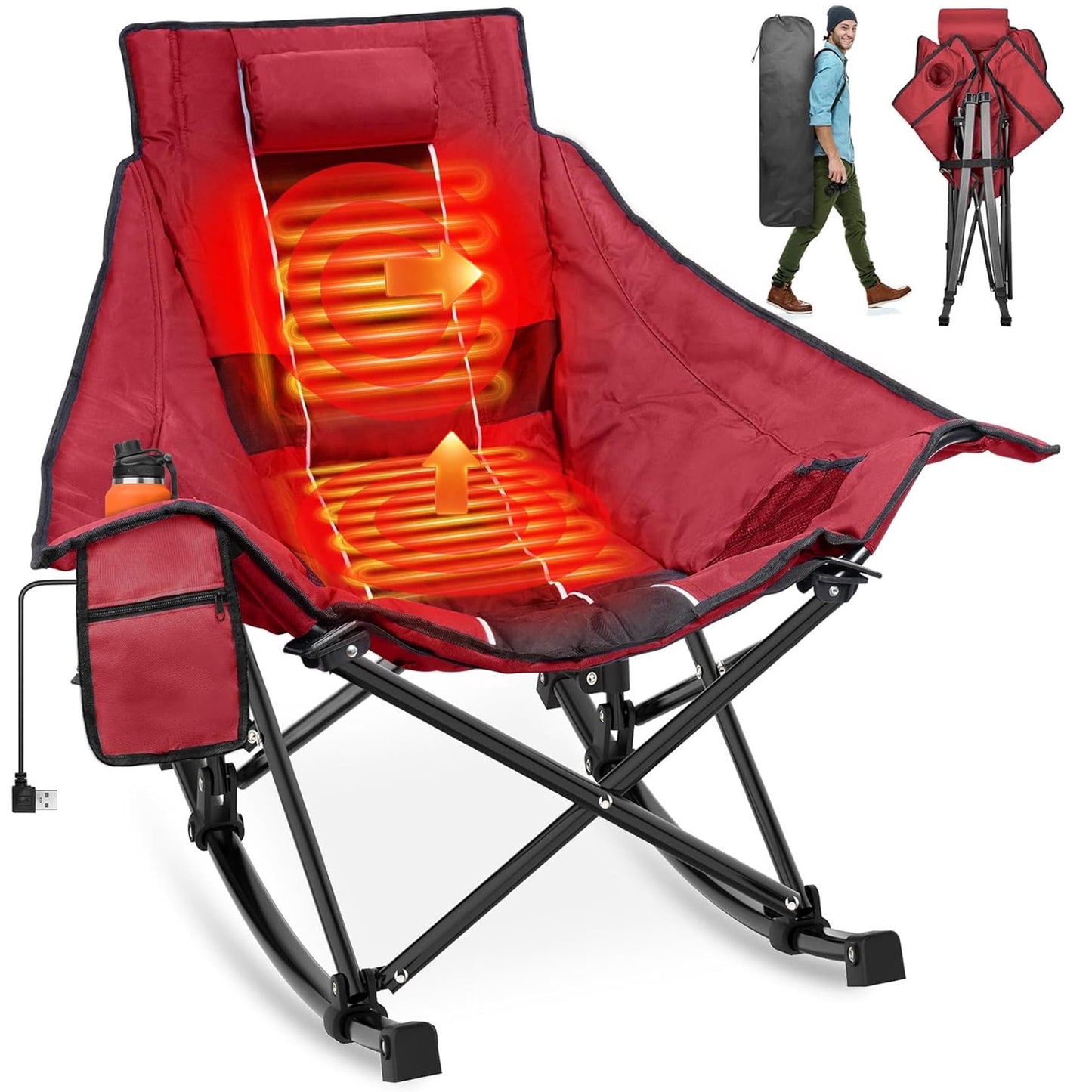 DKMOCO Oversized Heated Rocking Camping Chair, Camping Chair for Winter Outdoor WITHOUT 20000mAh Power Bank( Black Gray)