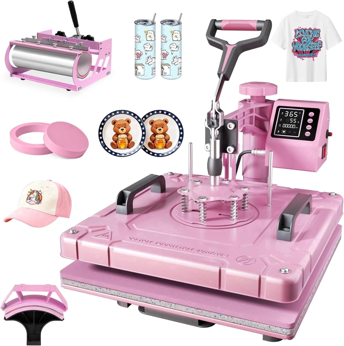 DKMOCO 5 in 1 Heat Press Machine with 30OZ Tumbler,15"x15" 360Degree Swing Away Digital Sublimation Heat Transfer for Mugs T Shirts Hat Plate Cap, Pink