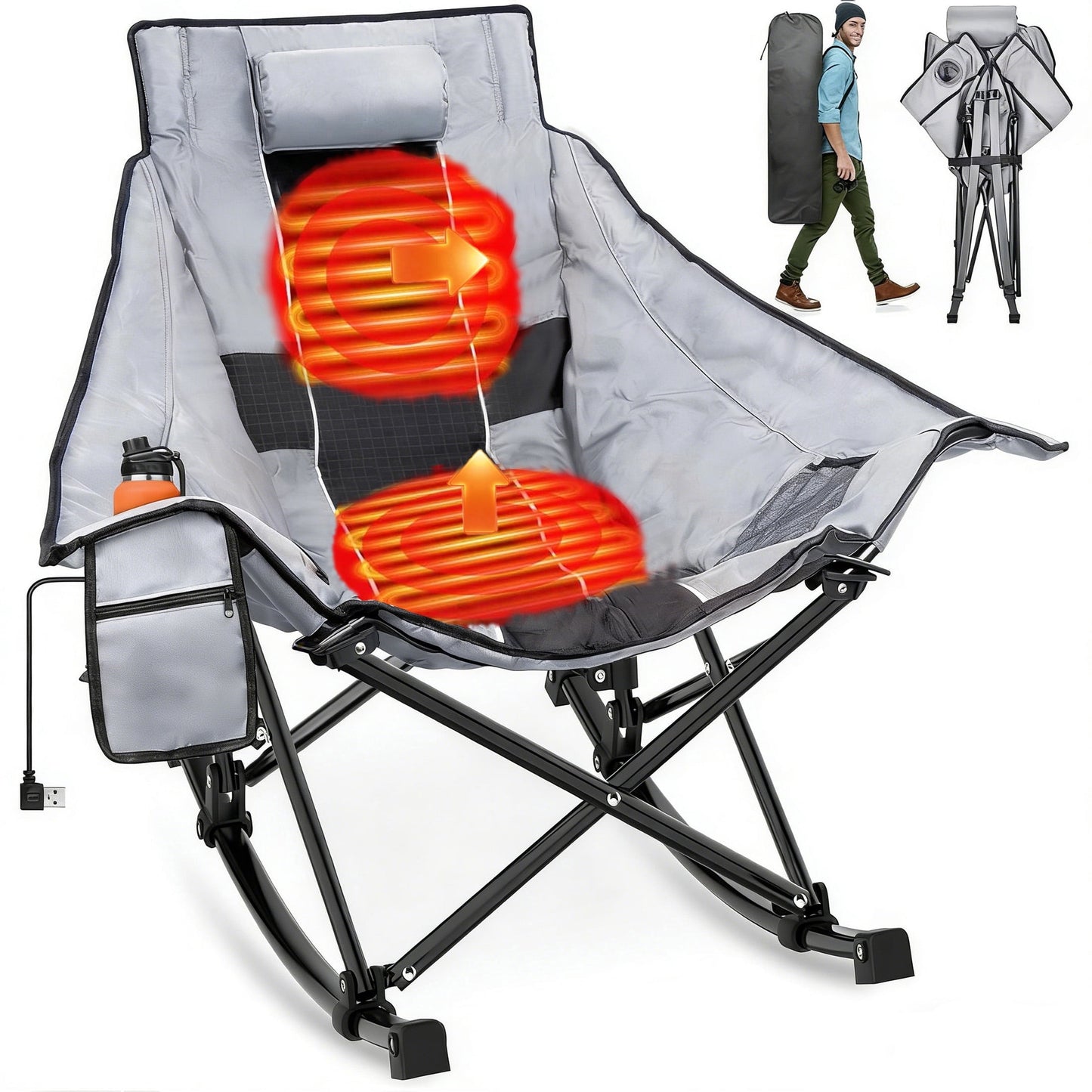 DKMOCO Oversized Heated Rocking Camping Chair, Camping Chair for Winter Outdoor WITHOUT 20000mAh Power Bank( Black Gray)