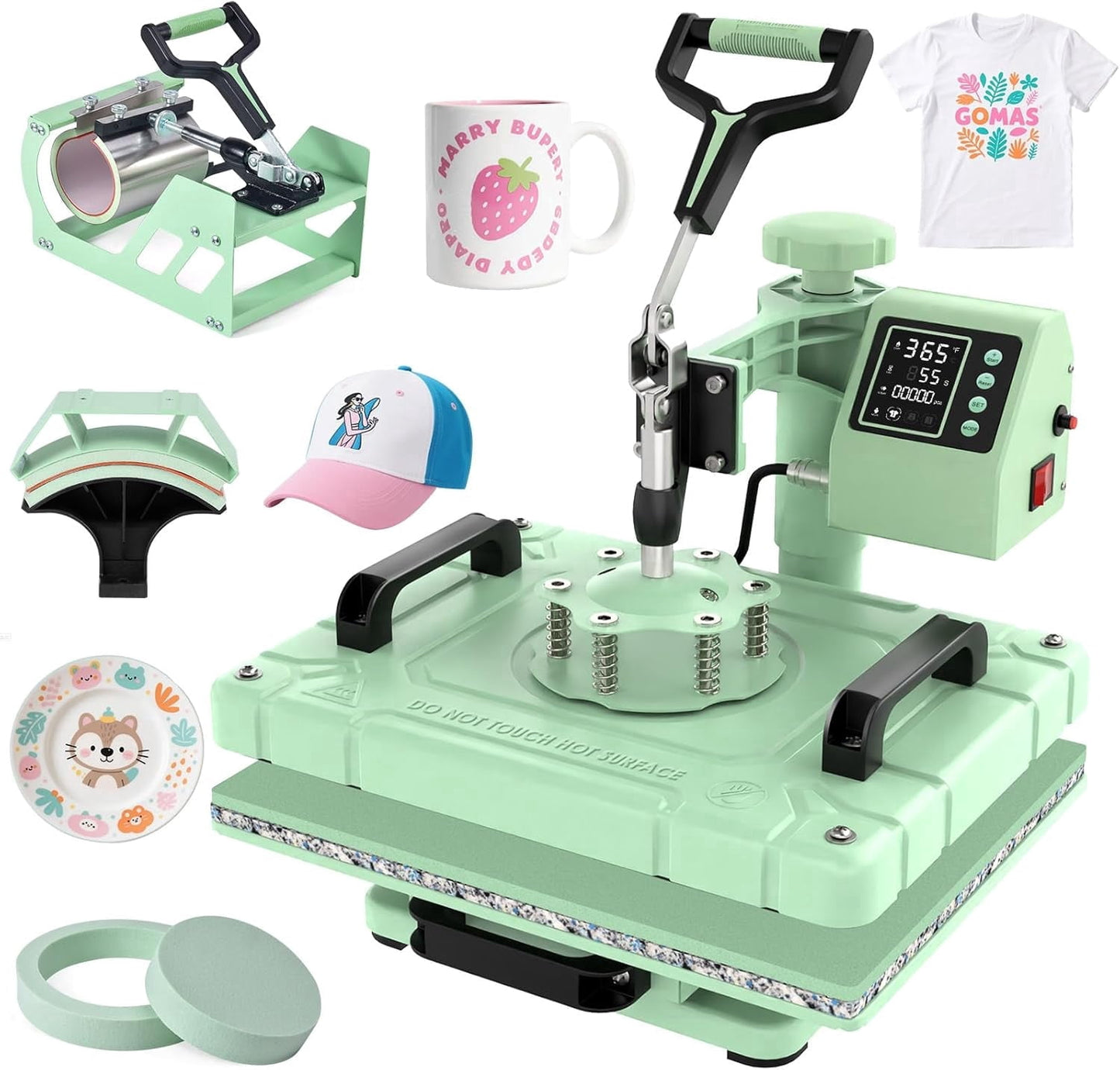 DKMOCO 5 in 1 Heat Press Machine with 11OZ Tumbler,12x15 inch 360Degree Swing Away Digital Sublimation Heat Transfer for Mugs T-Shirts Hat Cap Plate, Green