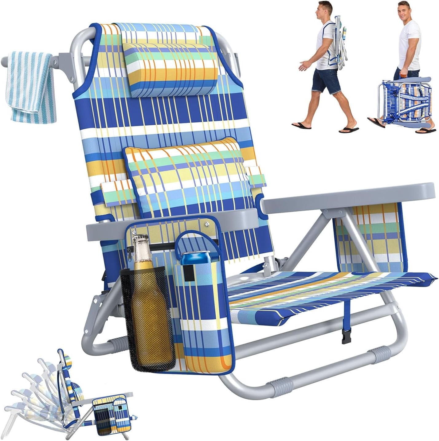 DKMOCO Adjustable 5-Position Backpack Beach Chairs, Foldable Lay Flat Chair with Cooler Bag, Cup Holder and Lumbar Pillow, Reclining Lay Down Chairs for Lawn Outdoor, Rainbow Blue