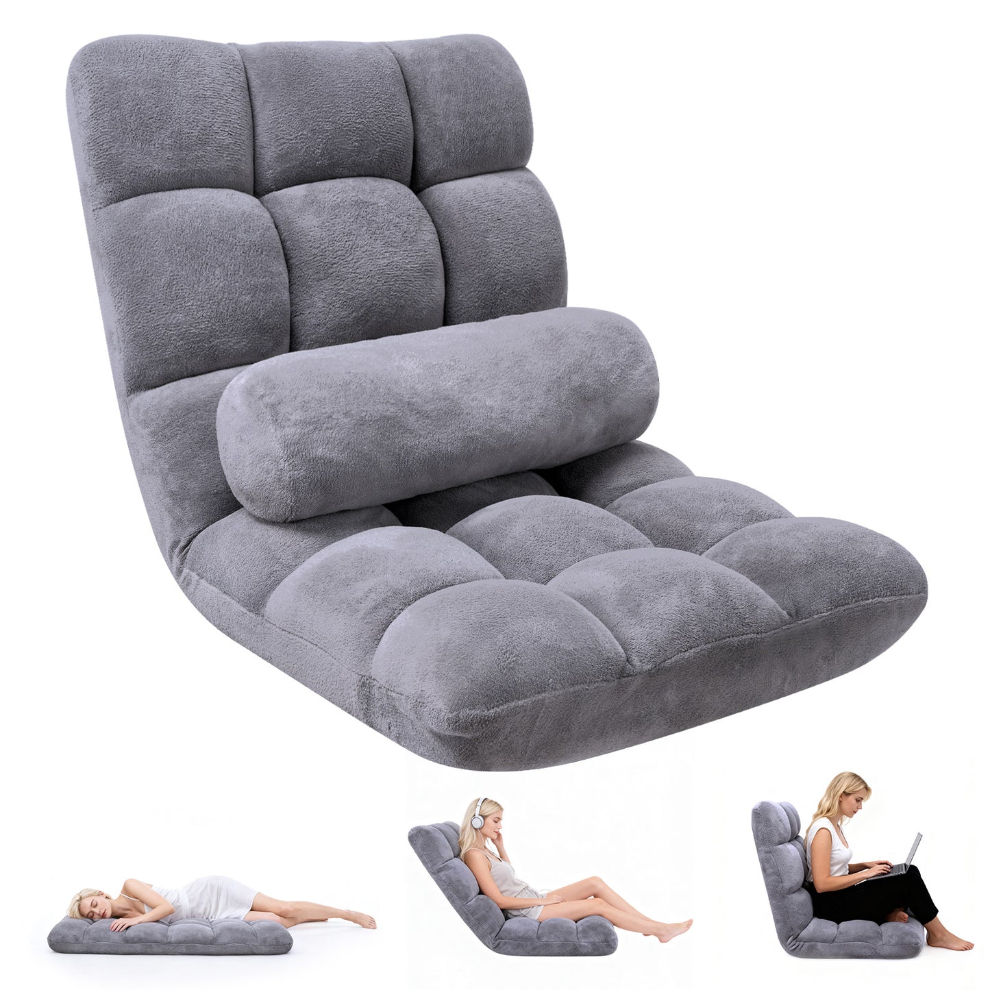 DKMOCO 6-Poistion Adjustable Floor Chair with Back Support, Folding Padded Floor Gaming Chair, for Meditation, Sleeping, Reading, Gaming, Grey