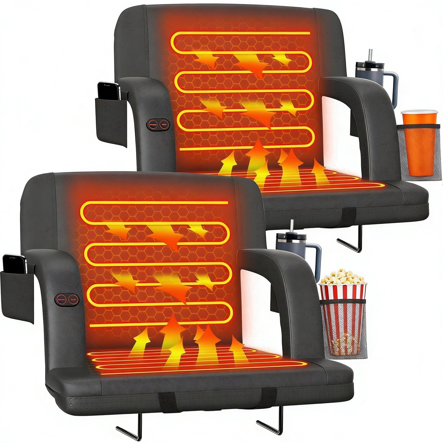 DKMOCO 2pcs 21" Dual-Sided Heated Stadium Seats for Bleachers with Back Support, 3 Levels Heating Bleacher Chair with Arm Rest, for Outdoor, Sports (Without Battery)