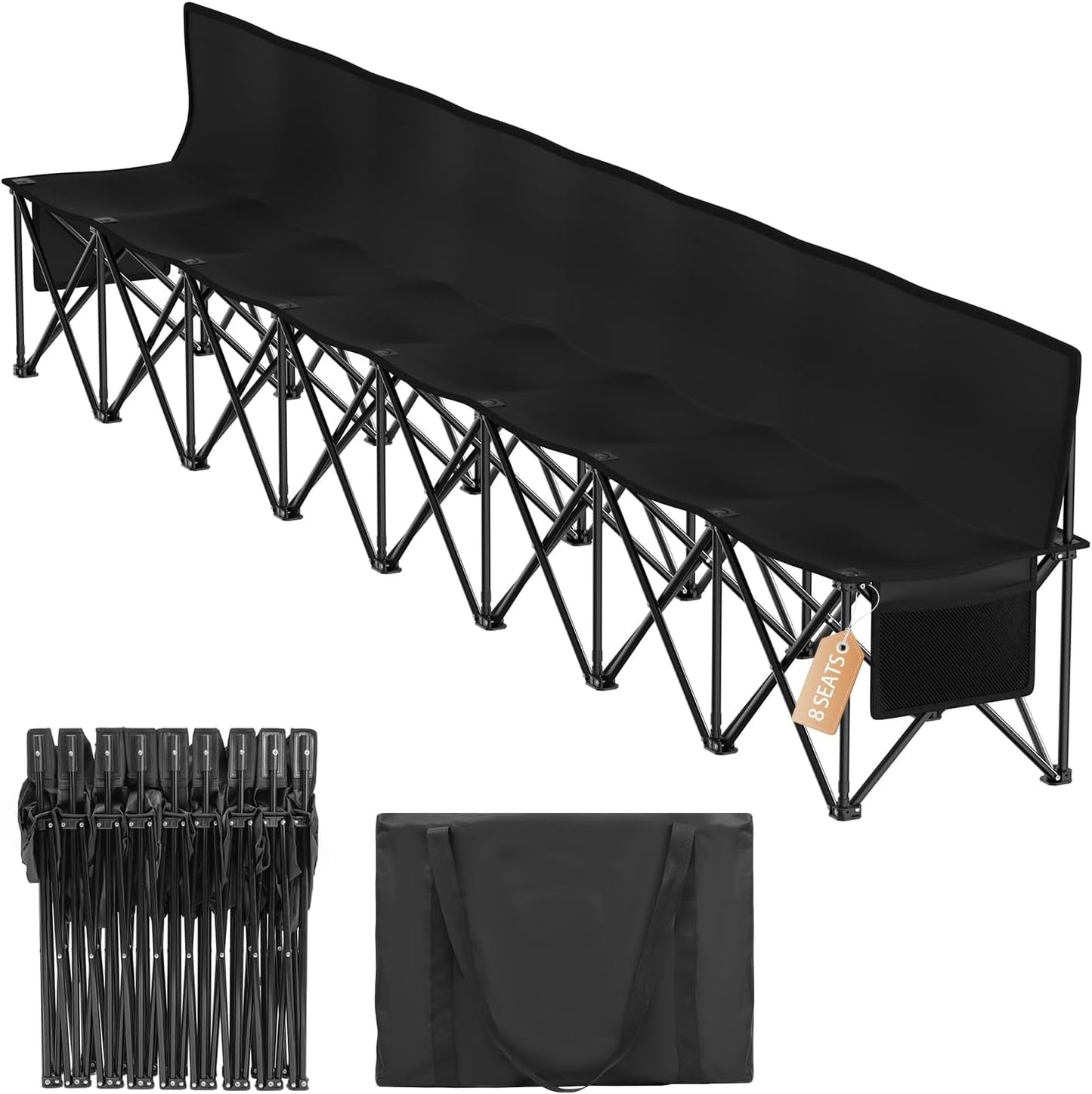 DKMOCO 8-Seat Portable Soccer Bench, Portable Folding Bench with 17.3"x 17.3" Individual Seats, 600D Oxford Fabric & Side Pockets, Bench for Sports, Camping, Patio & Park Events