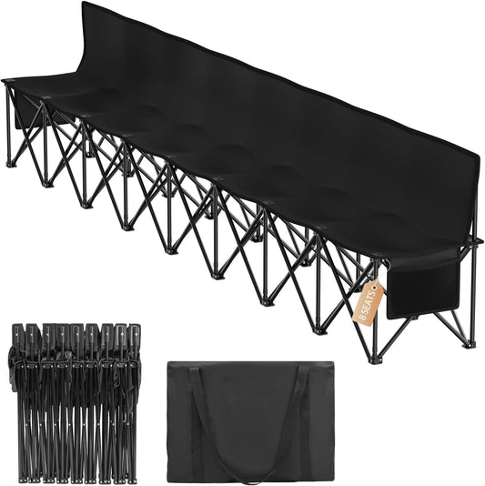 DKMOCO 8-Seat Portable Soccer Bench, Portable Folding Bench with 17.3"x 17.3" Individual Seats, 600D Oxford Fabric & Side Pockets, Bench for Sports, Camping, Patio & Park Events