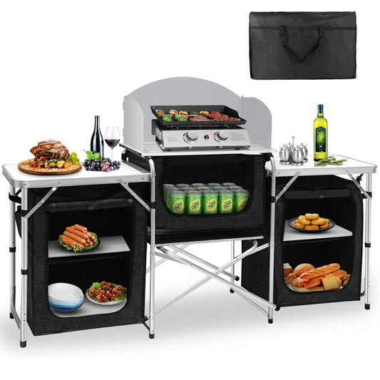 DKMOCO Camping Kitchen Table, Aluminum Portable Foldable Outdoor Cooking Table with Windscreen and 3 Storage Cupboards, for BBQ, Party, Picnics & Outdoor Activities, Black