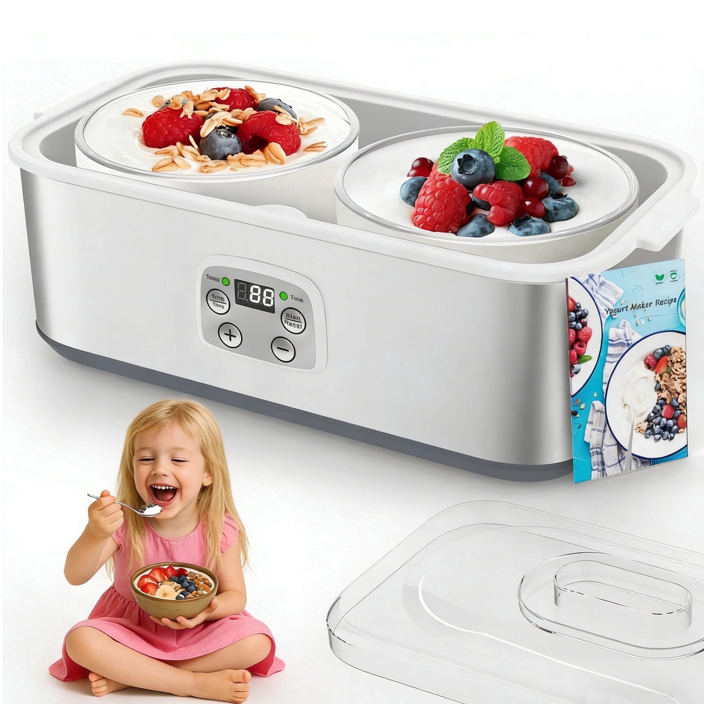 DKMOCO Yogurt Maker with 2 Glass Jars Adjustable Time & Temp Control Automatic Shut-Off & Constant Temper for Homemade Greek, Probiotic Yogurt, BPA-Free