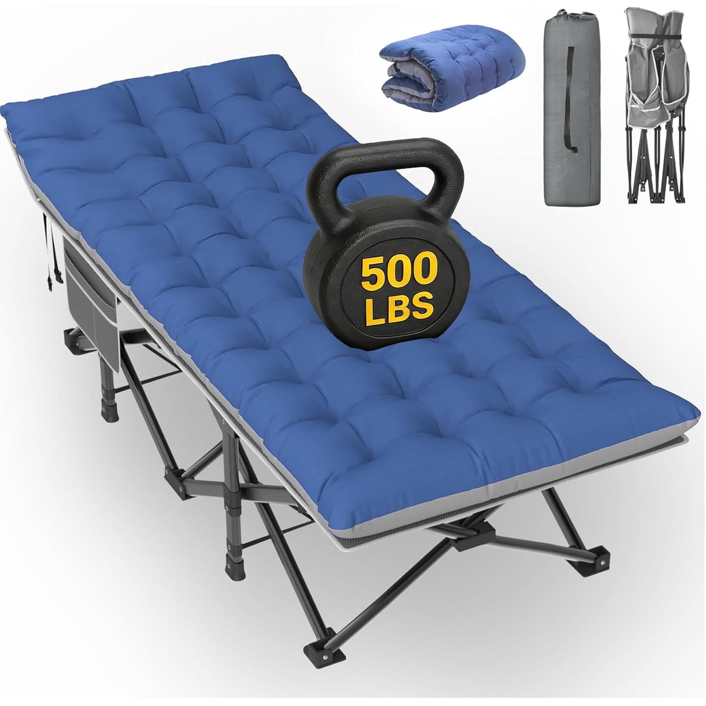DKMOCO XXL Folding Camping Cot with Mattress for Adults,32" x 79" 500lbs Capacity Portable Bed with Carry Bag, for Office Home Nap, Outdoor,Camping(Gray Cot+Blue Gray Pad)