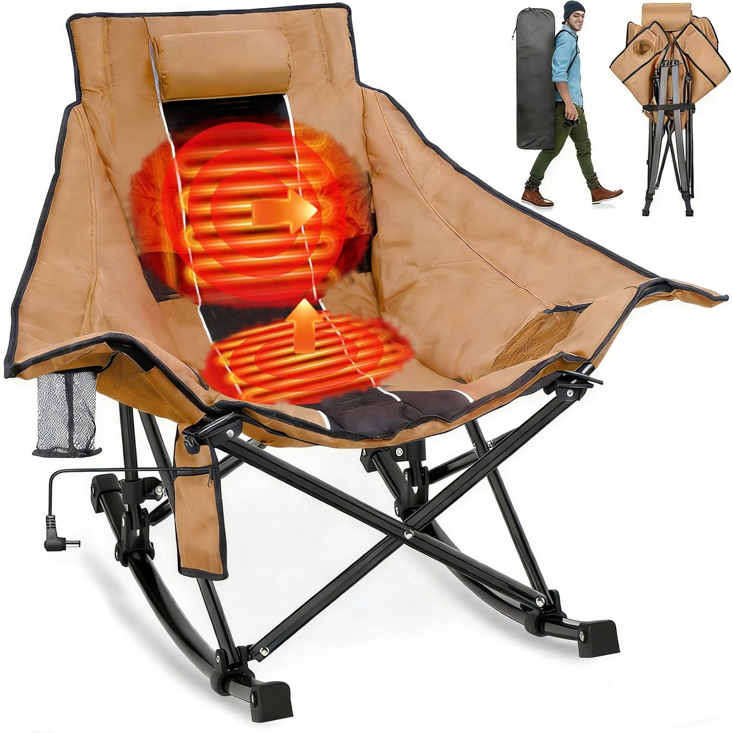 DKMOCO Oversized Heated Rocking Camping Chair, Camping Chair for Winter Outdoor WITHOUT 20000mAh Power Bank( Khaki Black)