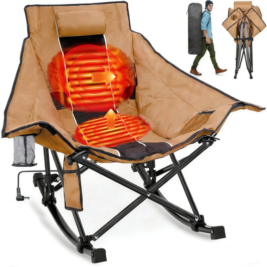 DKMOCO Oversized Heated Rocking Camping Chair, Camping Chair for Winter Outdoor WITHOUT 20000mAh Power Bank( Khaki Black)