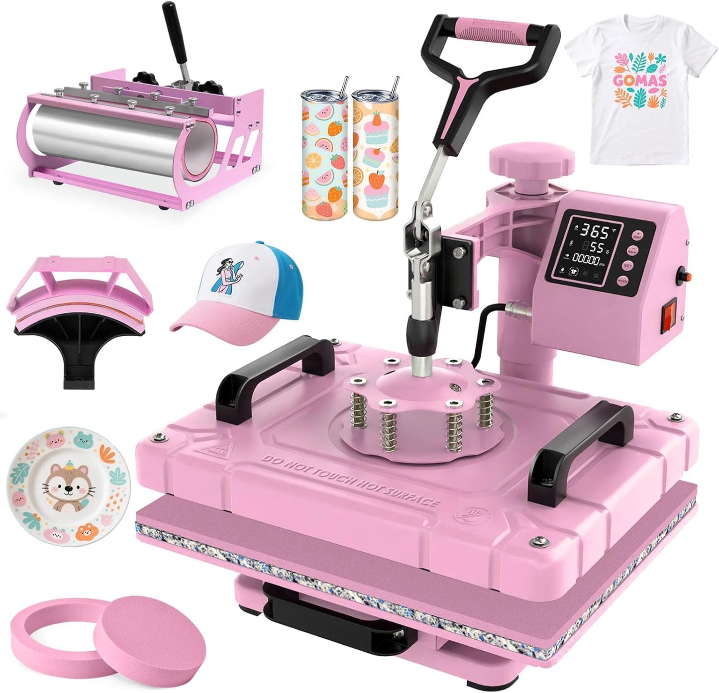 DKMOCO 5-in-1 Heat Press Machine, 12''x15'' Heat Transfer Sublimation with 30oz Tumbler Press, 360° Swing Away, Teflon-Coated Heat Plate, LED Digital Temp Control for Mugs Plate Shirt Cap, Pink