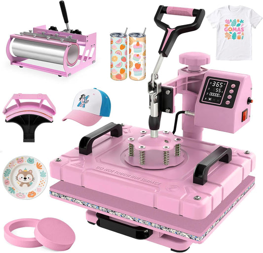 DKMOCO 5-in-1 Heat Press Machine, 12''x15'' Heat Transfer Sublimation with 30oz Tumbler Press, 360° Swing Away, Teflon-Coated Heat Plate, LED Digital Temp Control for Mugs Plate Shirt Cap, Pink