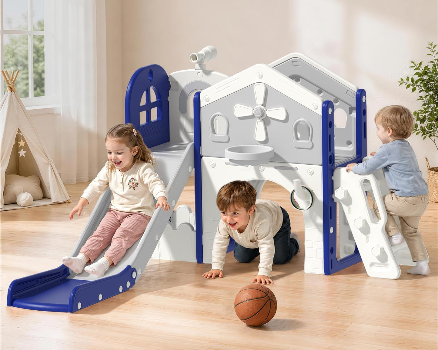 DKMOCO 10 in 1 Toddler Slide & Climber Set with Basketball Hoop, Telescope & Tunnel, Indoor Outdoor Kids Playset with Anti-Slip Steps for Age 1-3 Children Toy Playground, Blue & Gray