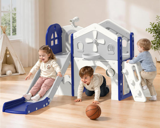 DKMOCO 10 in 1 Toddler Slide & Climber Set with Basketball Hoop, Telescope & Tunnel, Indoor Outdoor Kids Playset with Anti-Slip Steps for Age 1-3 Children Toy Playground, Blue & Gray