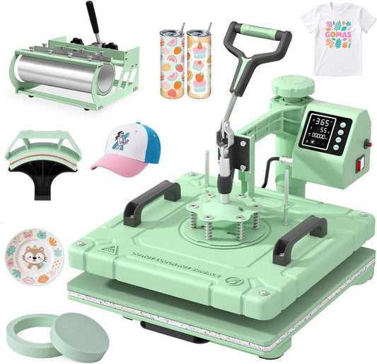 DKMOCO 5-in-1 Heat Press Machine, 15''x15'' Heat Transfer Sublimation with 30oz Tumbler Press, 360° Swing Away, Teflon-Coated Heat Plate, LED Digital Temp Control for Mugs Plate Shirt Cap, Green