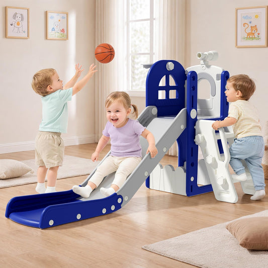 DKMOCO 6 in 1 Toddler Slide & Climber Set with Basketball Hoop & Telescope, Indoor Outdoor Kids Playset with Anti-Slip Steps for Age 1-3 Children Toy Playground, Blue & Gray