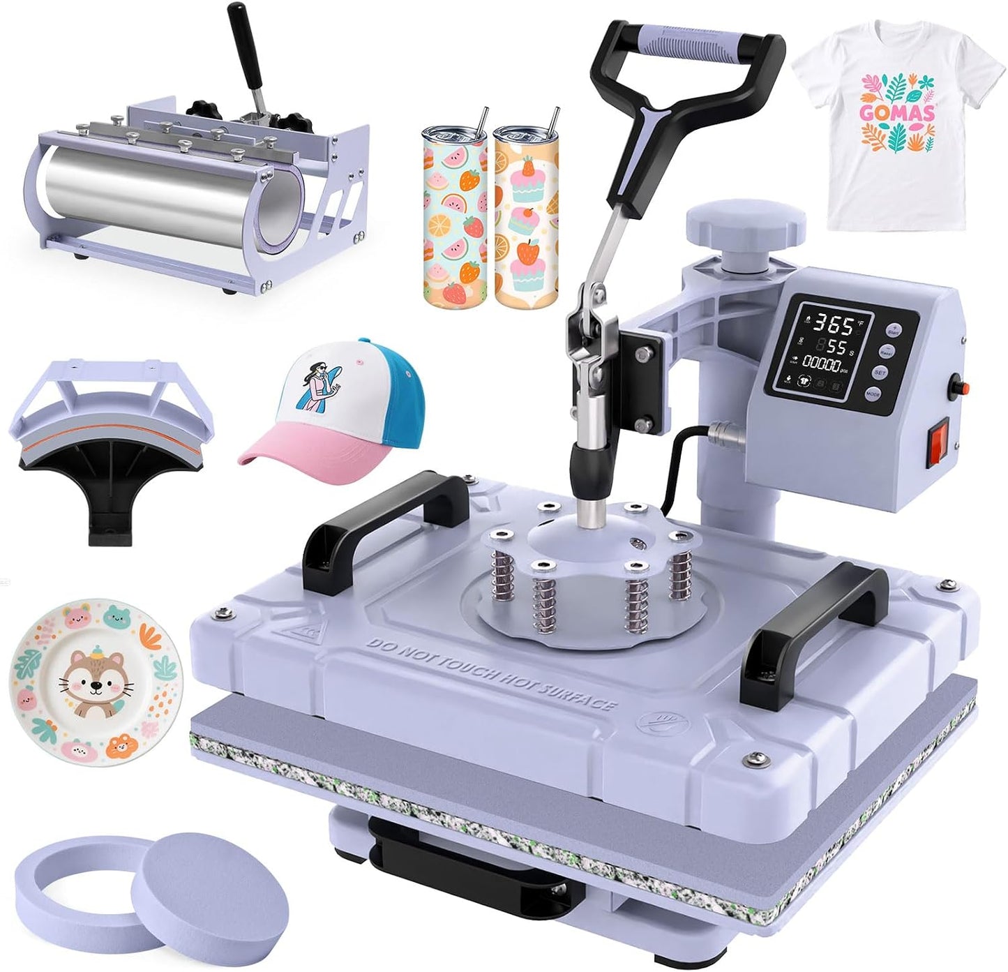 DKMOCO 5-in-1 Heat Press Machine, 12''x15'' Heat Transfer Sublimation with 30oz Tumbler Press, 360° Swing Away, Teflon-Coated Heat Plate, LED Digital Temp Control for Mugs Plate Shirt Cap, Lavender