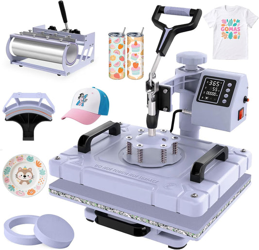 DKMOCO 5-in-1 Heat Press Machine, 12''x15'' Heat Transfer Sublimation with 30oz Tumbler Press, 360° Swing Away, Teflon-Coated Heat Plate, LED Digital Temp Control for Mugs Plate Shirt Cap, Lavender