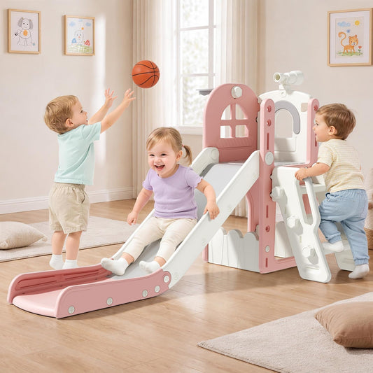 DKMOCO 6 in 1 Toddler Slide & Climber Set with Basketball Hoop & Telescope, Indoor Outdoor Kids Playset with Anti-Slip Steps for Age 1-3 Children Toy Playground, Pink