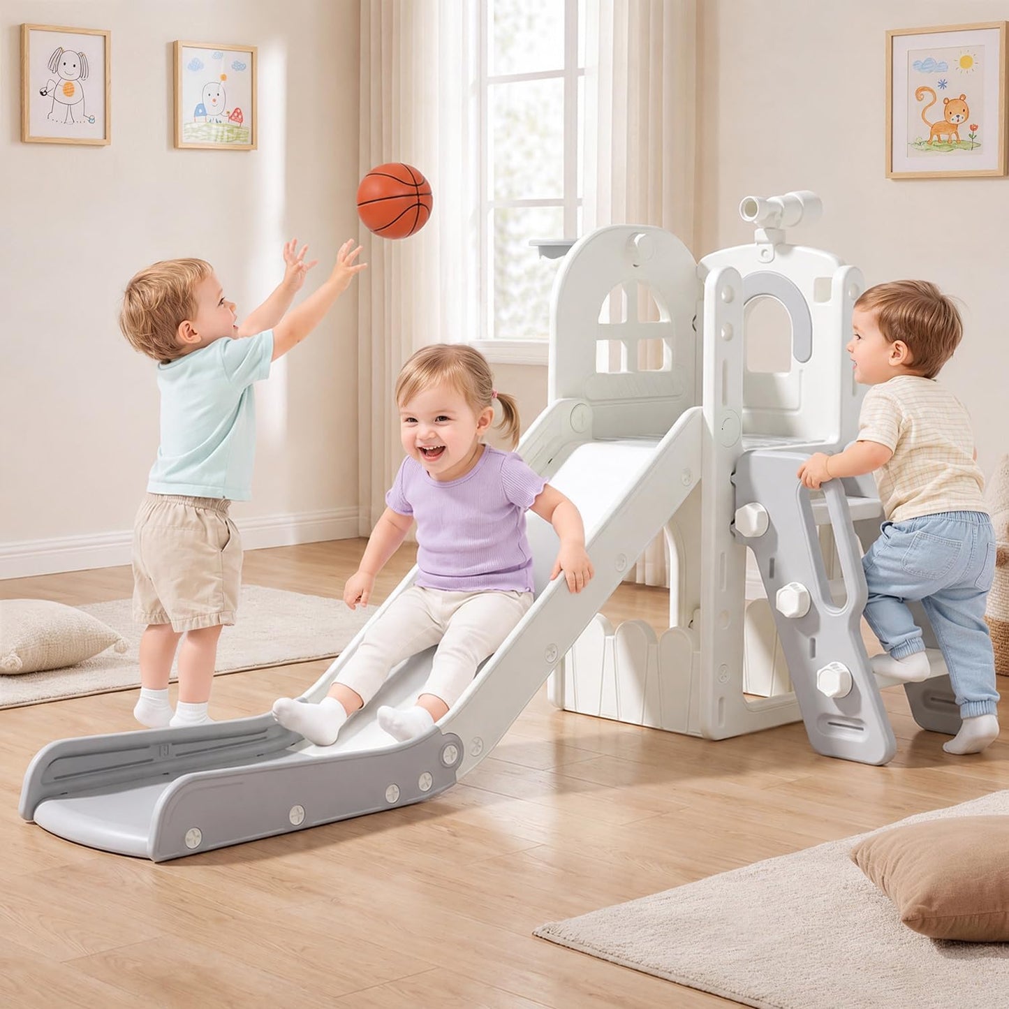 DKMOCO 6 in 1 Toddler Slide & Climber Set with Basketball Hoop & Telescope, Indoor Outdoor Kids Playset with Anti-Slip Steps for Age 1-3 Children Toy Playground, Cream & Gray