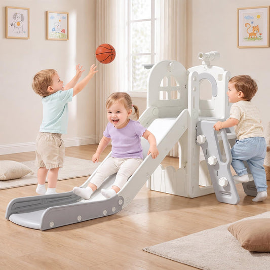 DKMOCO 6 in 1 Toddler Slide & Climber Set with Basketball Hoop & Telescope, Indoor Outdoor Kids Playset with Anti-Slip Steps for Age 1-3 Children Toy Playground, Cream & Gray