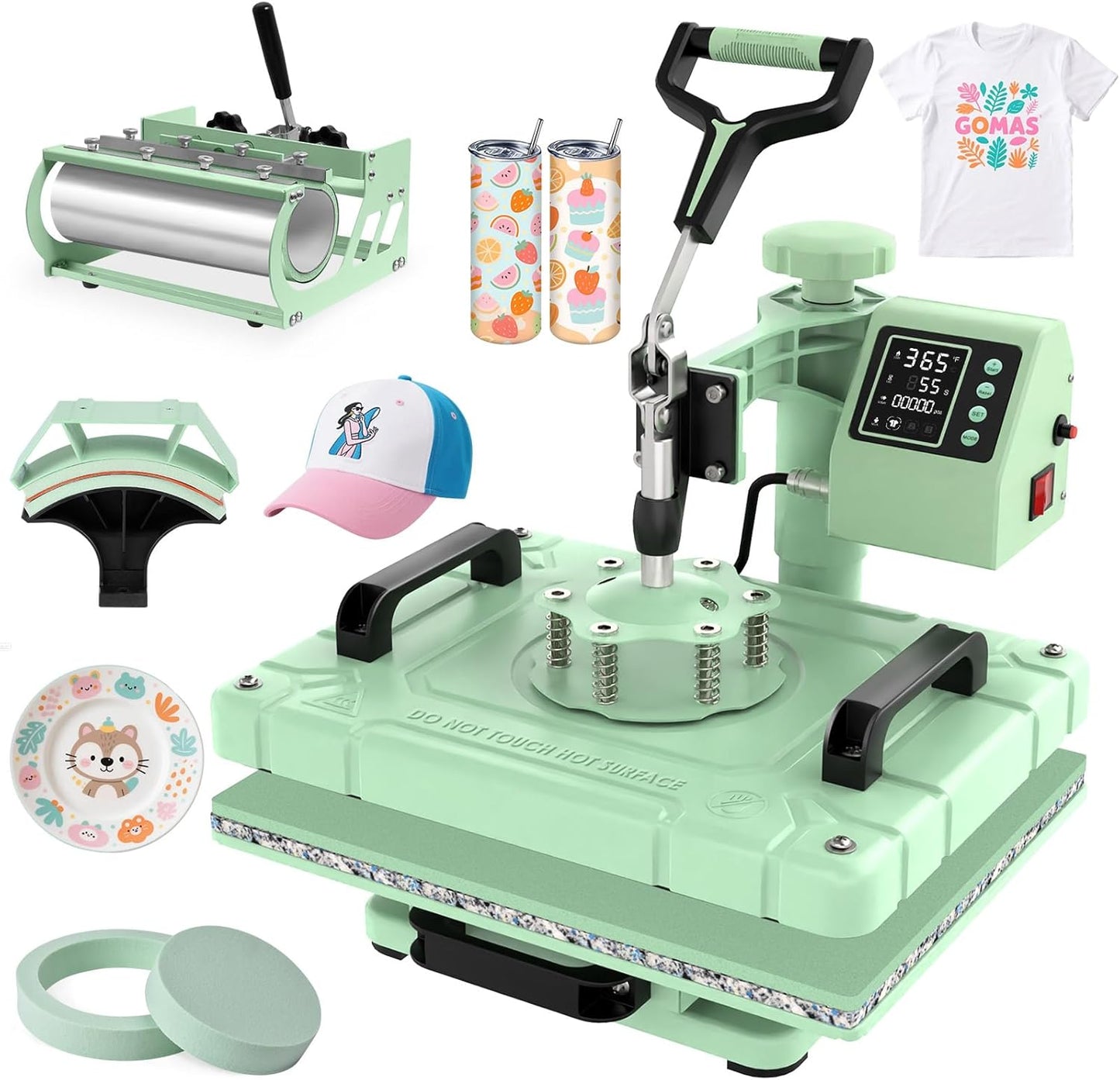 DKMOCO 5-in-1 Heat Press Machine, 12''x15'' Heat Transfer Sublimation with 30oz Tumbler Press, 360° Swing Away, Teflon-Coated Heat Plate, LED Digital Temp Control for Mugs Plate Shirt Cap, Green