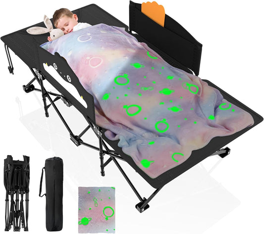 DKMOCO Camping Cot Kids, Comfortable Toddler Cot Bed, Portable Sleeping Cot with Guardrail, Lightweight Foldable Bed for Outdoor Indoor Home Travel, 58''×25''×16'', Black Cot Pink Blanket