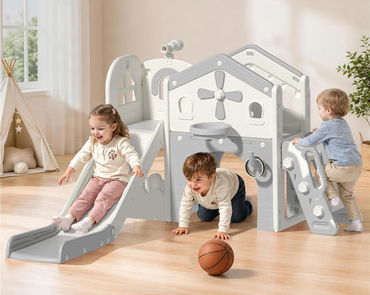 DKMOCO 10 in 1 Toddler Slide & Climber Set with Basketball Hoop, Telescope & Tunnel, Indoor Outdoor Kids Playset with Anti-Slip Steps for Age 1-3 Children Toy Playground, Cream & Gray
