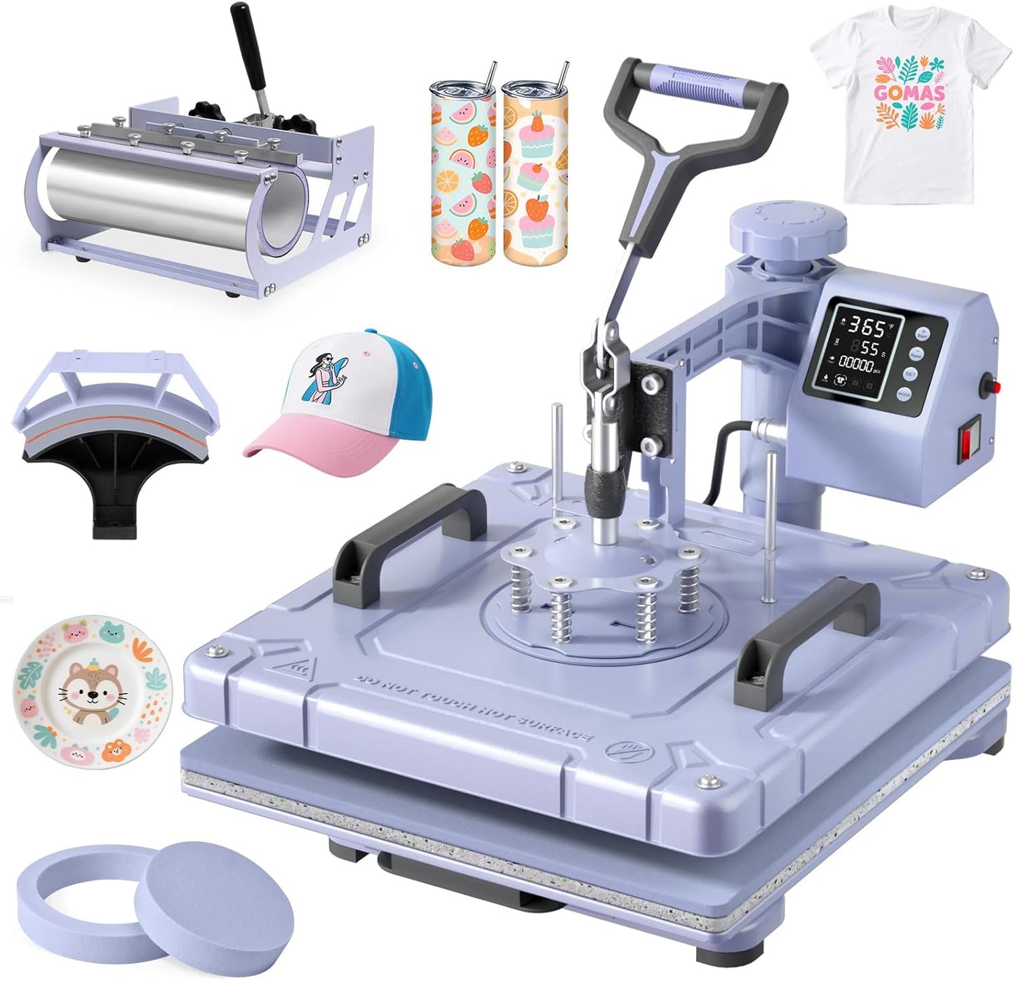 DKMOCO 5-in-1 Heat Press Machine, 15''x15'' Heat Transfer Sublimation with 30oz Tumbler Press, 360° Swing Away, Teflon-Coated Heat Plate, LED Digital Temp Control for Mugs Plate Shirt Cap, Lavender