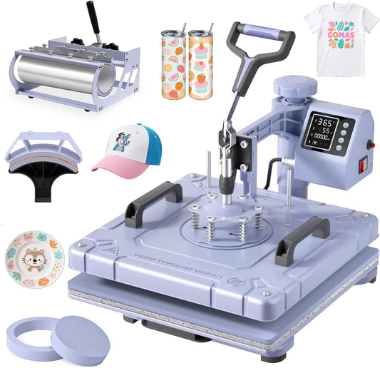 DKMOCO 5-in-1 Heat Press Machine, 15''x15'' Heat Transfer Sublimation with 30oz Tumbler Press, 360° Swing Away, Teflon-Coated Heat Plate, LED Digital Temp Control for Mugs Plate Shirt Cap, Lavender