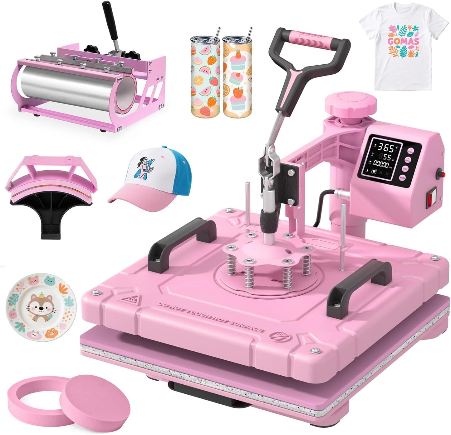 DKMOCO 5-in-1 Heat Press Machine, 15''x15'' Heat Transfer Sublimation with 30oz Tumbler Press, 360° Swing Away, Teflon-Coated Heat Plate, LED Digital Temp Control for Mugs Plate Shirt Cap, Pink