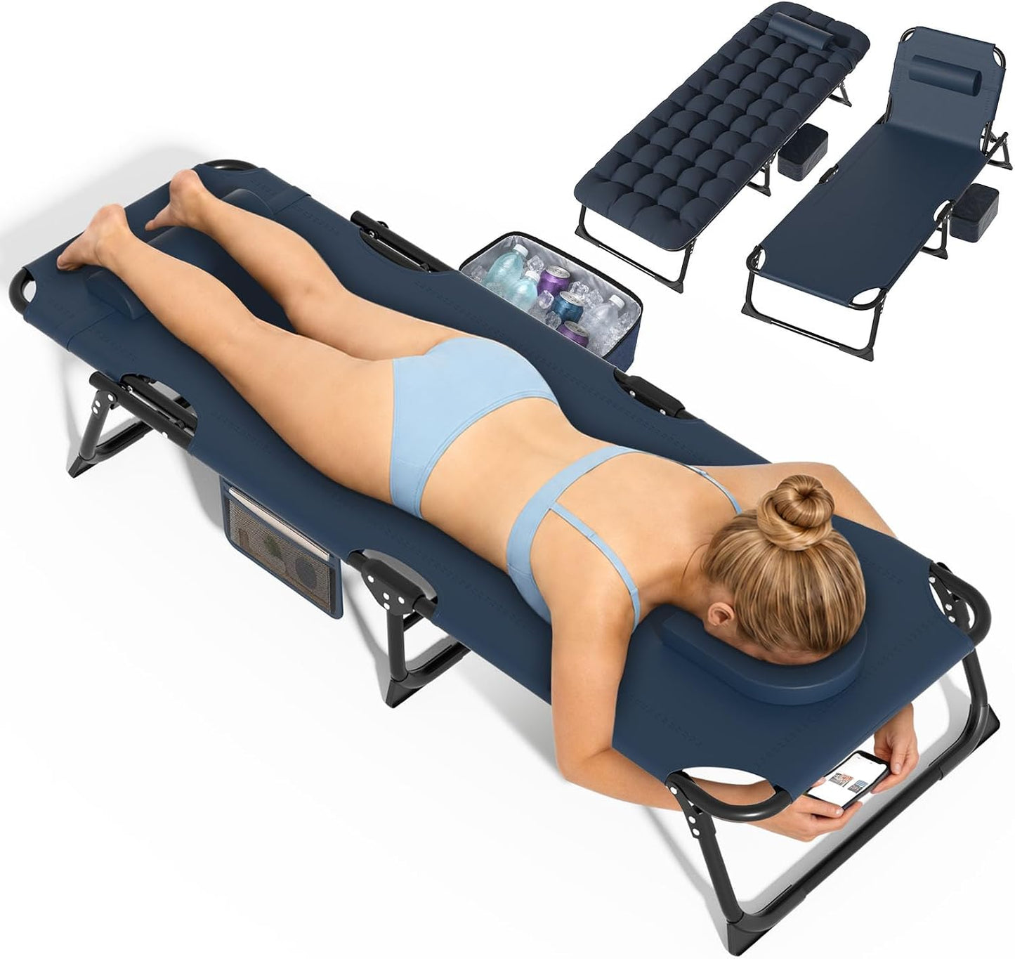 DKMOCO Sun Tanning Chair Oversized with Face Hole & Mat, 500lbs Folding Chaise Lounge Chair, Adjustable 5-Position Outdoor Recliner with Removable Pillow, Cooler Bag for Home Beach Lawn Camp, Blue