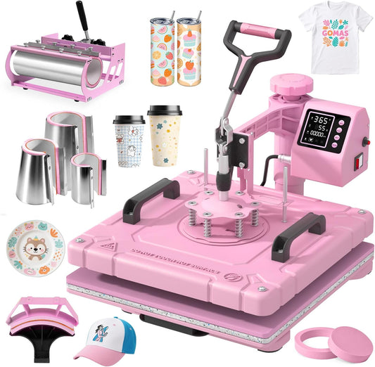 DKMOCO 8-in-1 Heat Press Machine, 15''x15'' Sublimation Heat Transfer Printer with Teflon Coated, 360° Swing Away, Digital Precise Control, 30oz Tumbler Press for Mugs Hat Plate Cap DIY, Pink