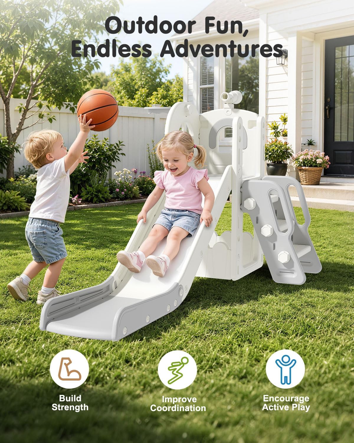 DKMOCO 6 in 1 Toddler Slide & Climber Set with Basketball Hoop & Telescope, Indoor Outdoor Kids Playset with Anti-Slip Steps for Age 1-3 Children Toy Playground, Cream & Gray