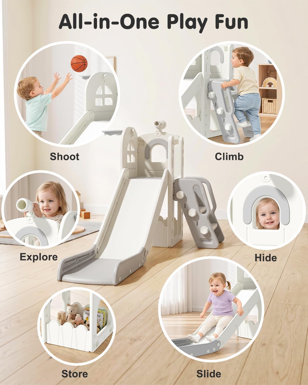 DKMOCO 6 in 1 Toddler Slide & Climber Set with Basketball Hoop & Telescope, Indoor Outdoor Kids Playset with Anti-Slip Steps for Age 1-3 Children Toy Playground, Cream & Gray