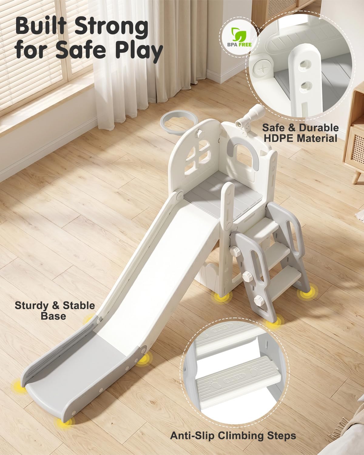 DKMOCO 6 in 1 Toddler Slide & Climber Set with Basketball Hoop & Telescope, Indoor Outdoor Kids Playset with Anti-Slip Steps for Age 1-3 Children Toy Playground, Cream & Gray