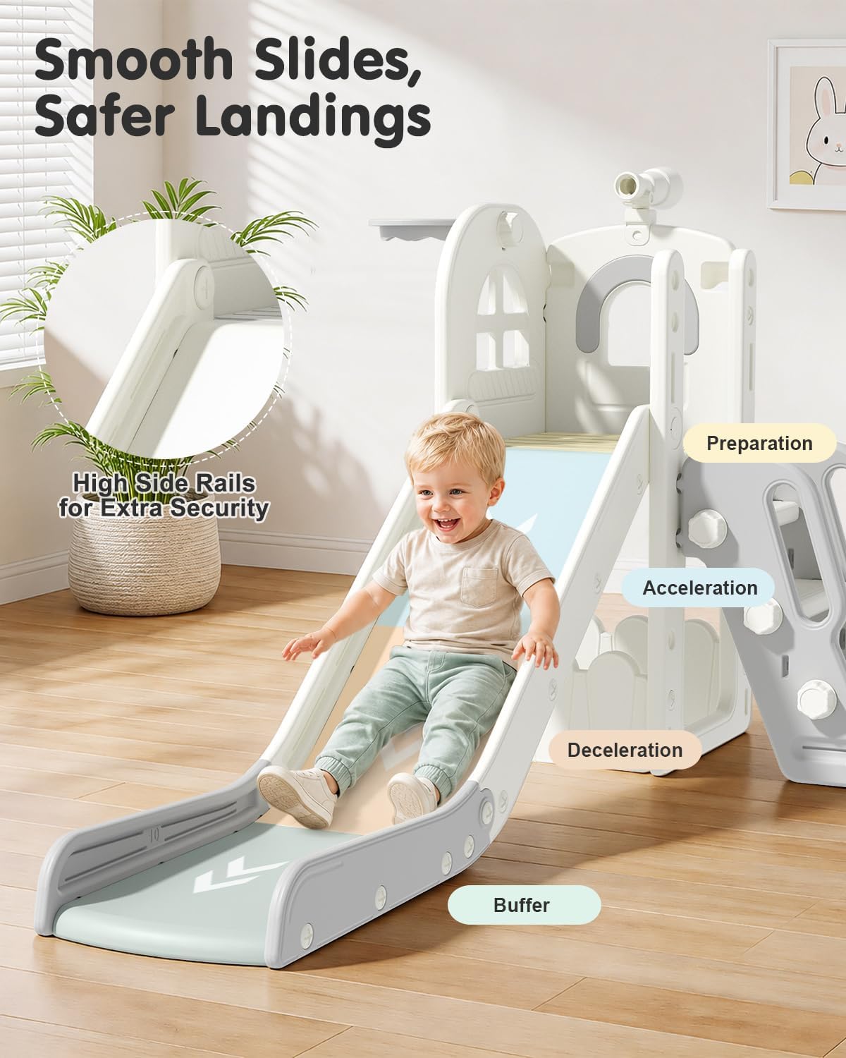 DKMOCO 6 in 1 Toddler Slide & Climber Set with Basketball Hoop & Telescope, Indoor Outdoor Kids Playset with Anti-Slip Steps for Age 1-3 Children Toy Playground, Cream & Gray
